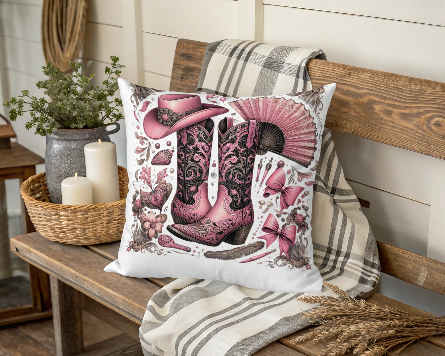 Decorative Cowboy Boots Pink Throw Pillow, Western Style Cushion, Rustic Home Decor, Farmhouse Living Room Accessory