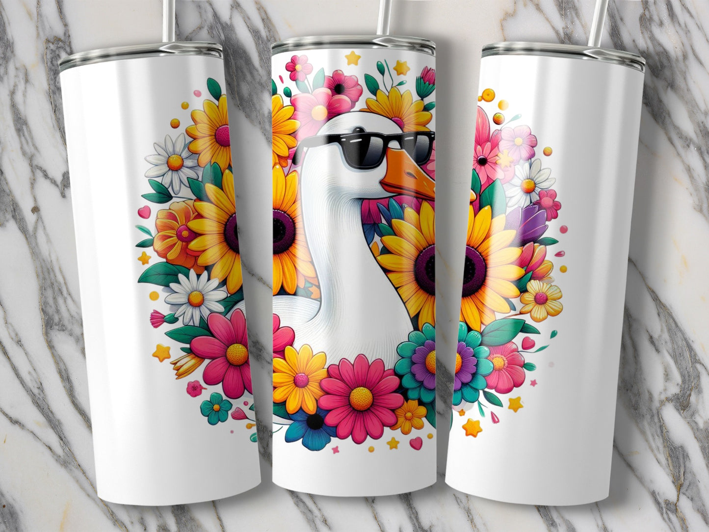 Floral Tumbler with Sunglasses Design, Insulated Stainless Steel Drinkware, Colorful Summer Flowers and Bird Pattern Tumbler with Lid and