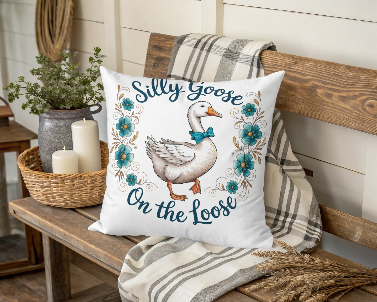 Silly Goose on the Loose Themed Cushion, Farmhouse Decorative Pillow, Rustic Home Decor, Gift Idea