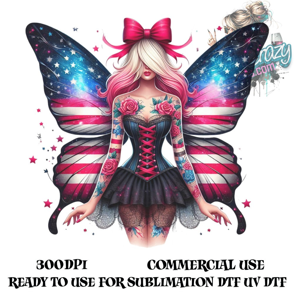 Fantasy Butterfly Girl Art Print, UV Ready for Sublimation, Gothic Fairy Illustration, Stars and Stripes Wings, Commercial Use, 300dpi