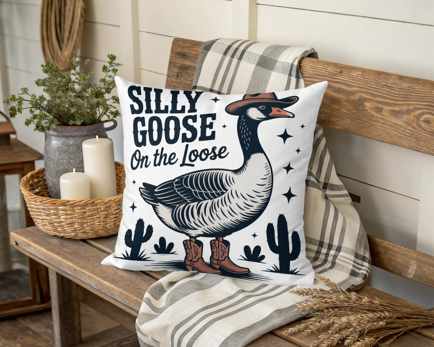 Silly Goose on the Loose Pillow Cover, Farmhouse Decorative Cushion, Rustic Home Decor, Animal Themed Throw Pillow, Black and White