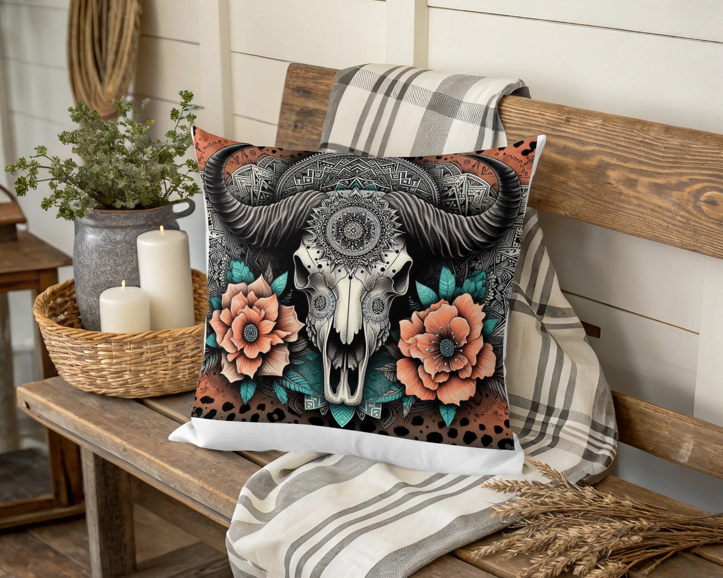 Boho Buffalo Skull Throw Pillow Cover, Decorative Cushion with Floral Design, Rustic Home Decor, 18x18 Inches