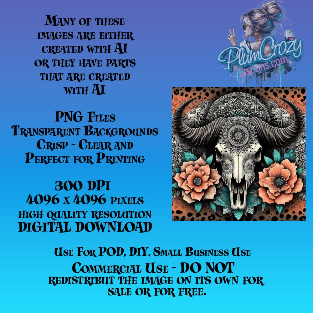 Bohemian Bull Skull Digital Art Print, High Resolution PNG, Perfect for T-Shirts and Posters, Instant Download 4096x4096 Pixels