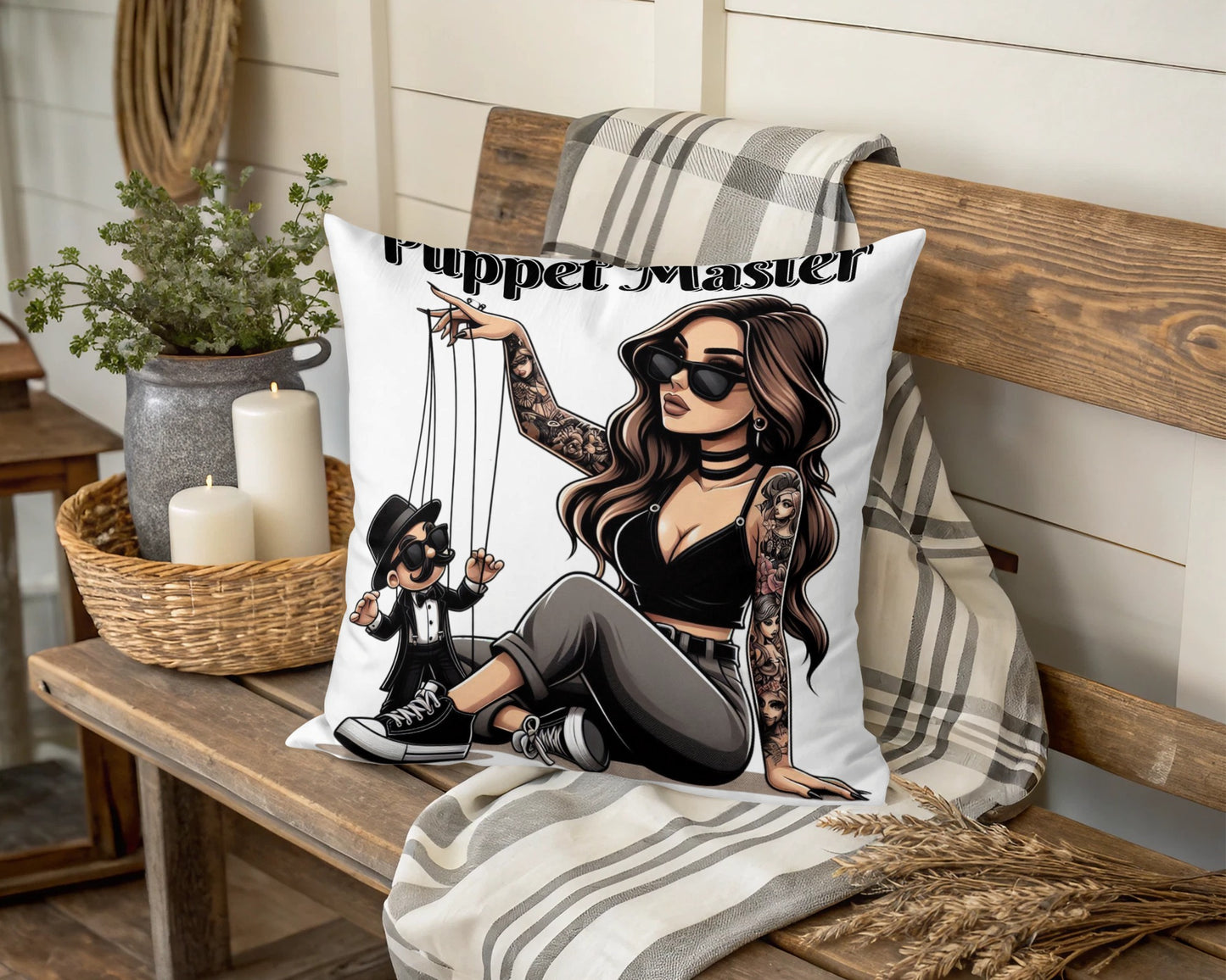 Gothic Puppet Master Throw Pillow, Dark Art Cushion, Modern Home Decor, Unique Illustration, Stylish Living Room Accessory