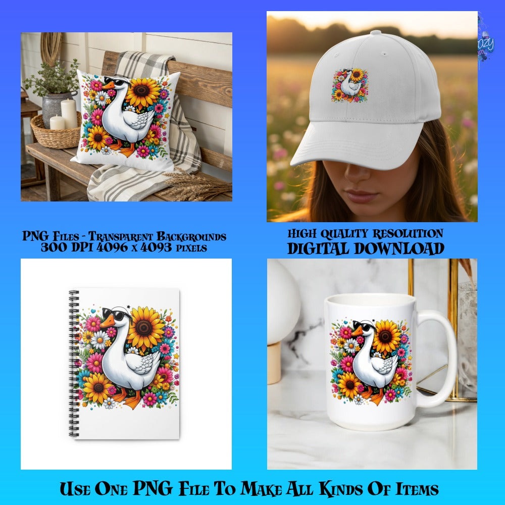 Sunflower Duck Graphic Pillow, Cap, Notebook, Mug - Digital Download PNG Files