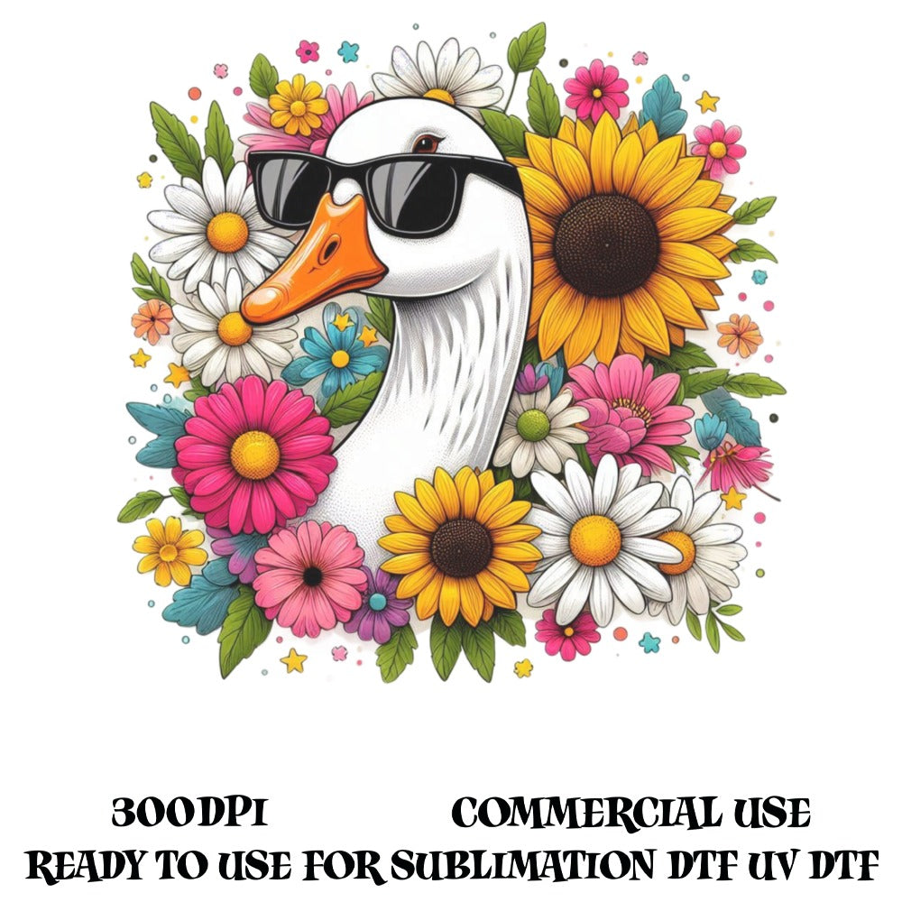 Duck with Sunglasses Floral Design, Sublimation Graphic, Sunflower Daisy Clipart, Commercial Use, Digital Download, UV DTF Ready