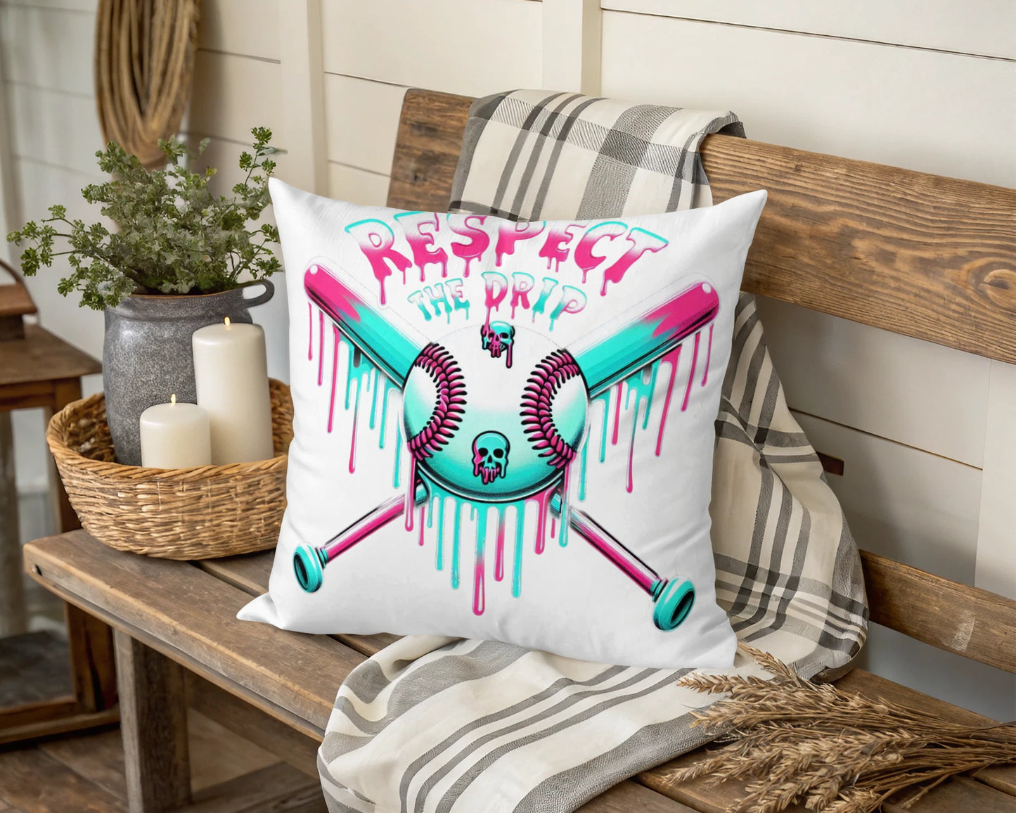Respect The Drip Skull Design Throw Pillow, Colorful Dripping Art Cushion for Home Decor