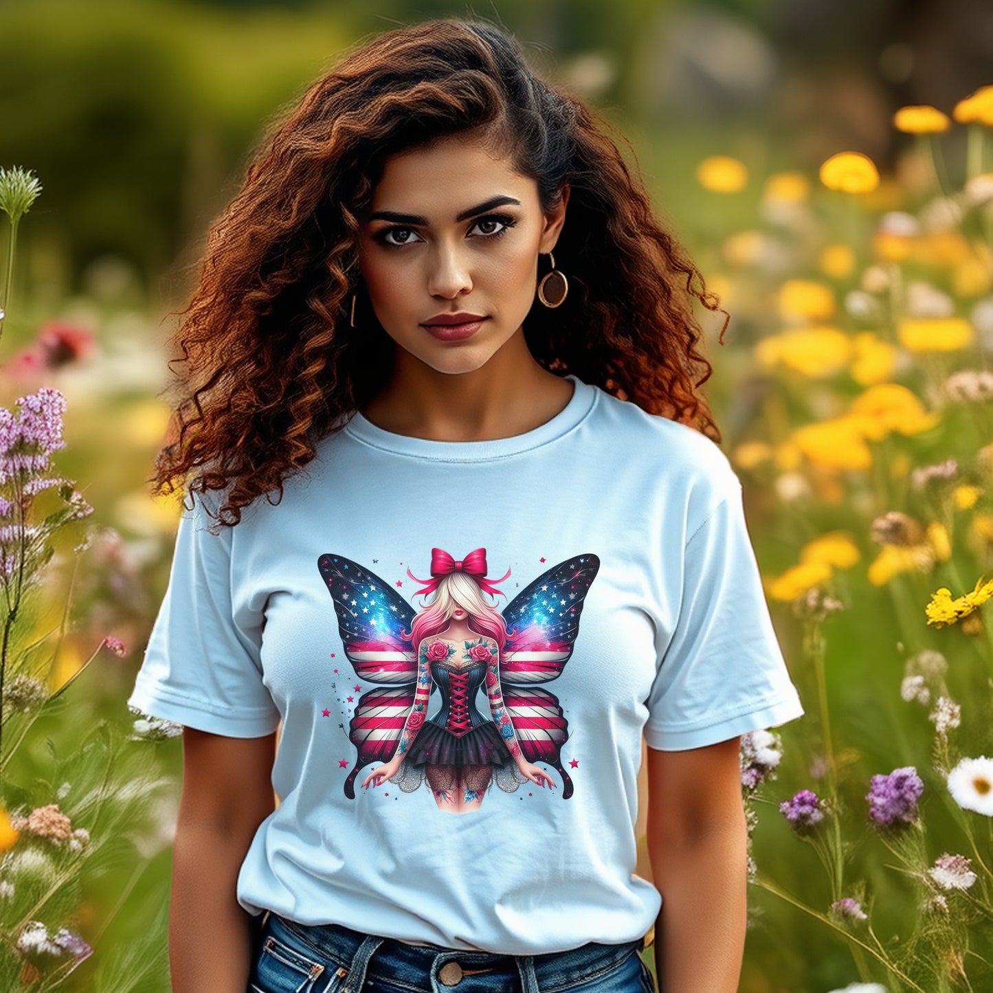 Women's Fairy Butterfly Graphic T-Shirt, Casual Blue Cotton Tee, Floral Feminine Print, Summer Fashion Top