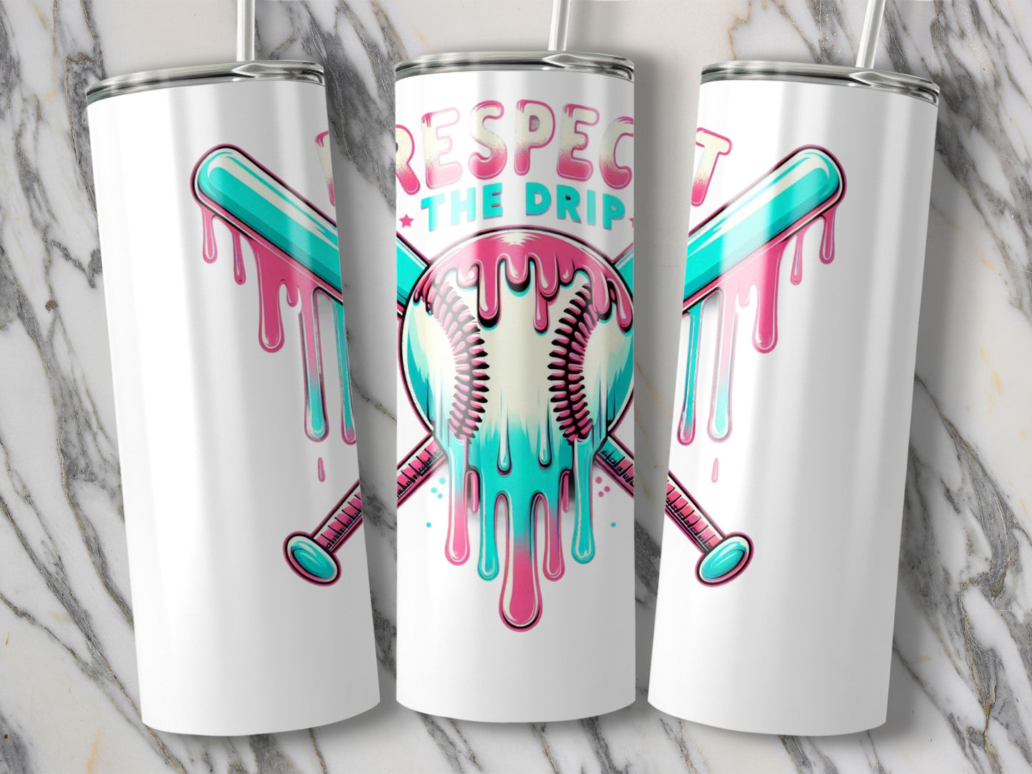Baseball Tumbler Cups with Dripping Paint Design, Stainless Steel Insulated Drinkware for Sports Fans