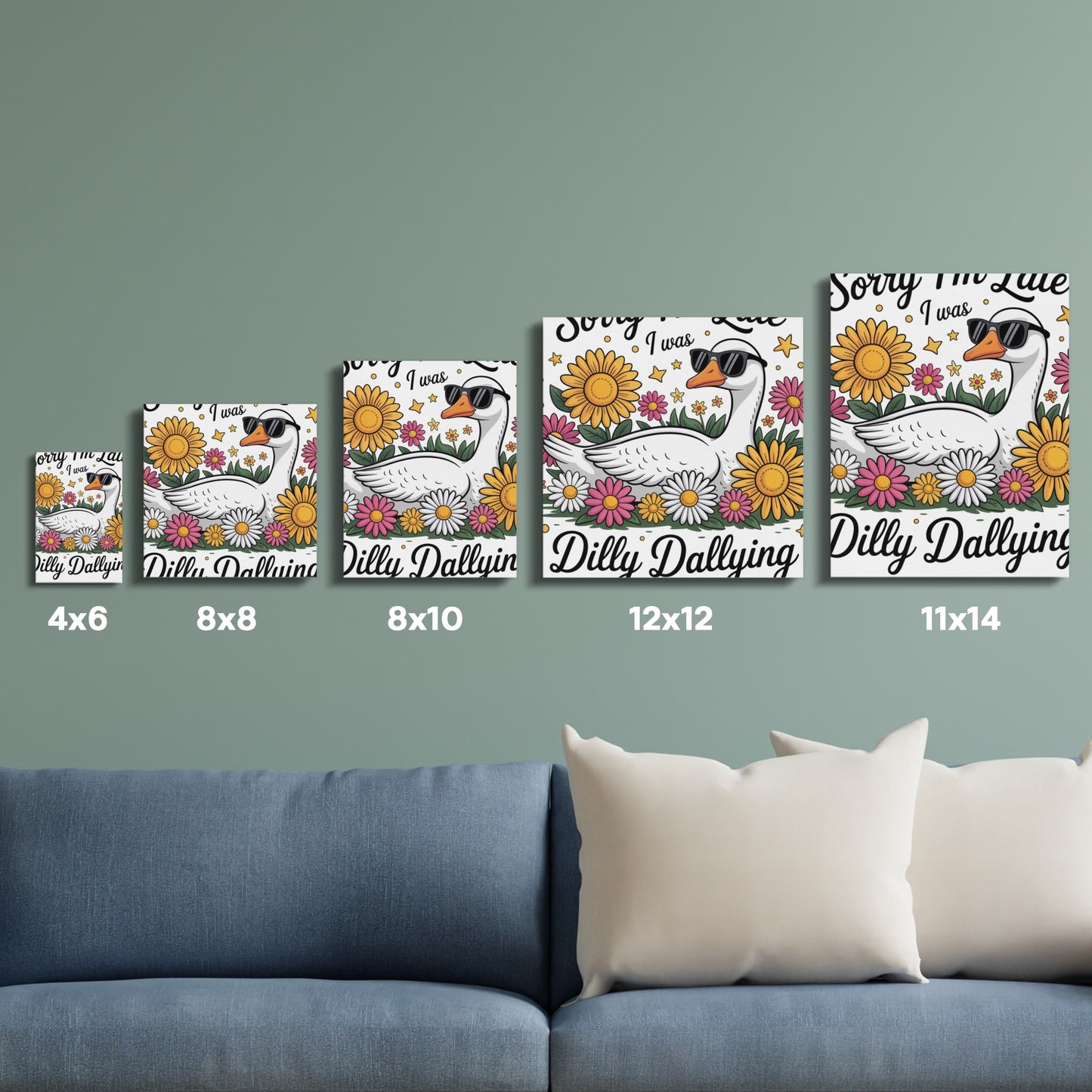 Set of 5 Dilly Dallying Swan Canvas Prints, Floral Wall Art in Various Sizes, Colorful Living Room Decor