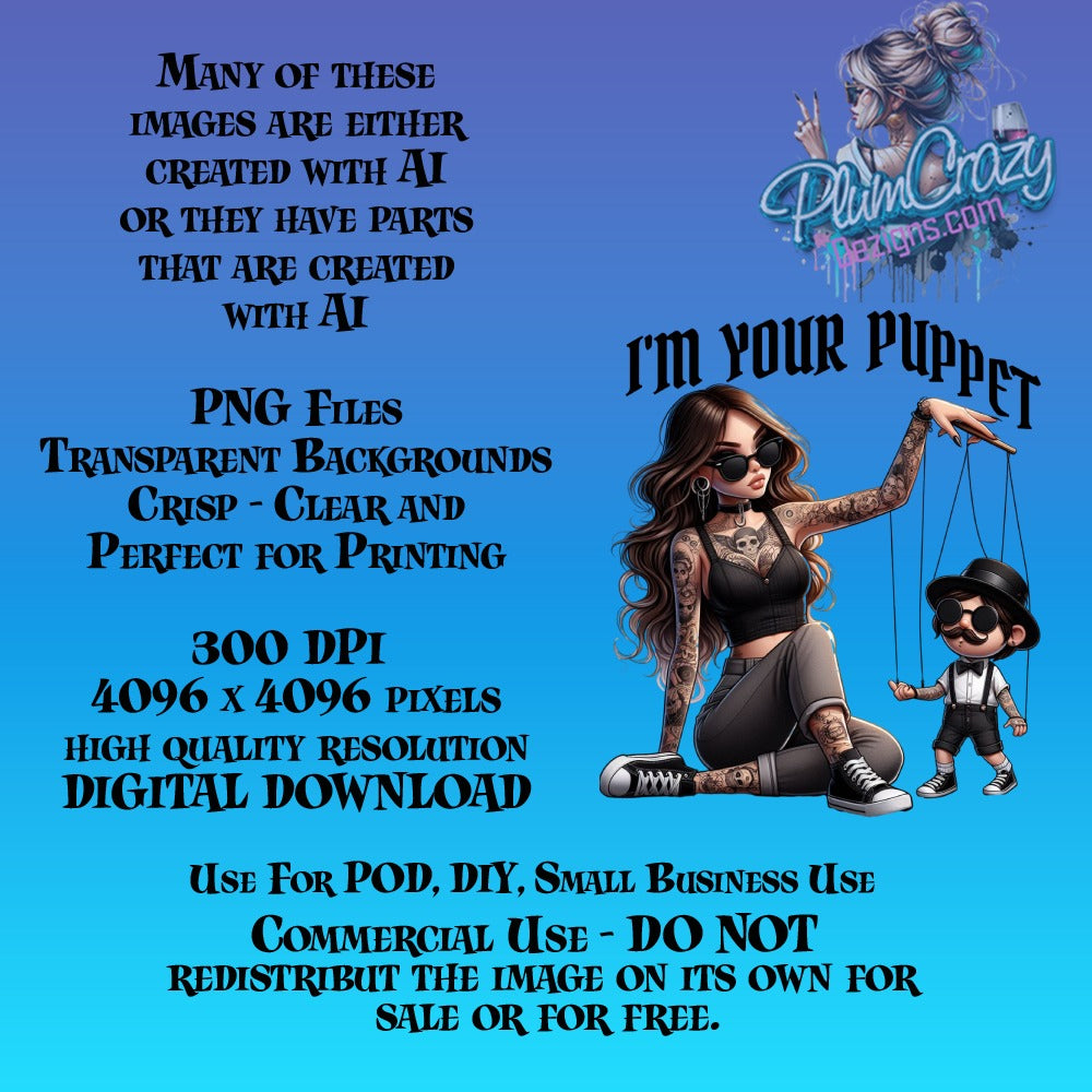Tattooed Female Puppeteer Illustration, Digital Download, High Resolution PNG, Commercial Use, DIY Craft Image, 4096 x 4096 Pixels
