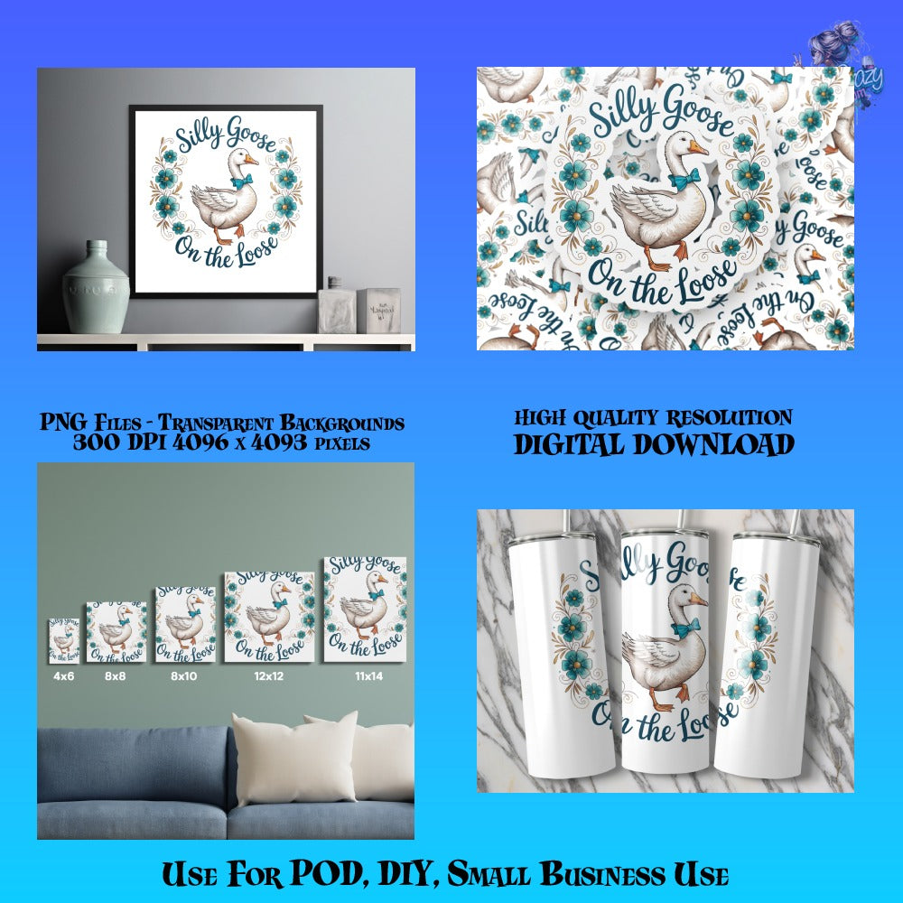 Silly Goose Nursery Art Print, Digital Download PNG Files for DIY and Small Business Use