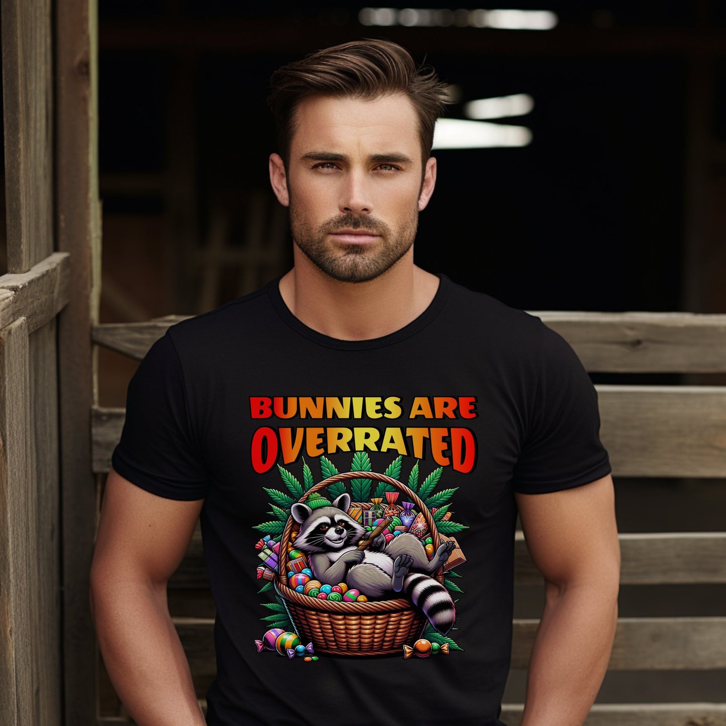 Bunnies Are Overrated Raccoon Basket Graphic T-Shirt product