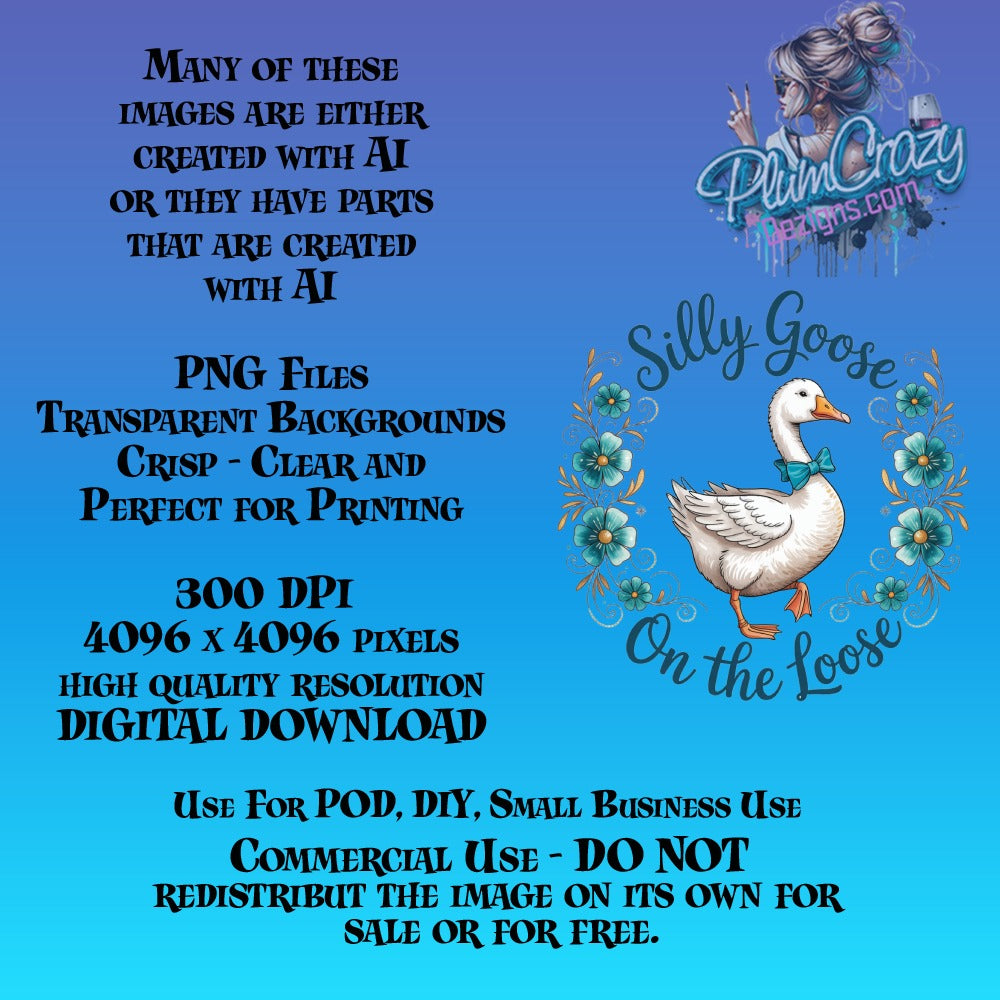 Silly Goose On The Loose Digital PNG, Floral Duck Clipart, High Resolution 4096x4096, Perfect for Printing and Crafts, Instant Download