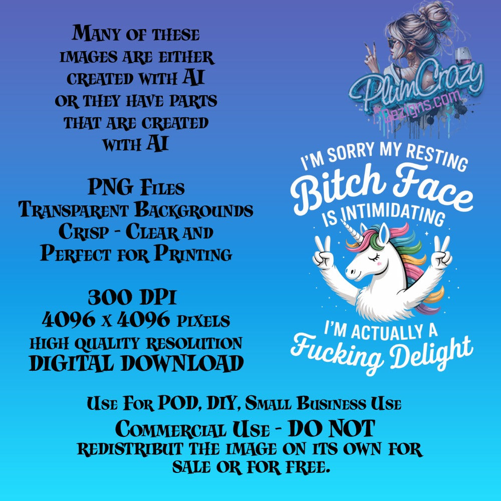 Unicorn Graphic T-Shirt Design 'Bitch Face' Quote, Funny Unicorn PNG, Digital Download for Commercial Use, High Resolution 300 DPI