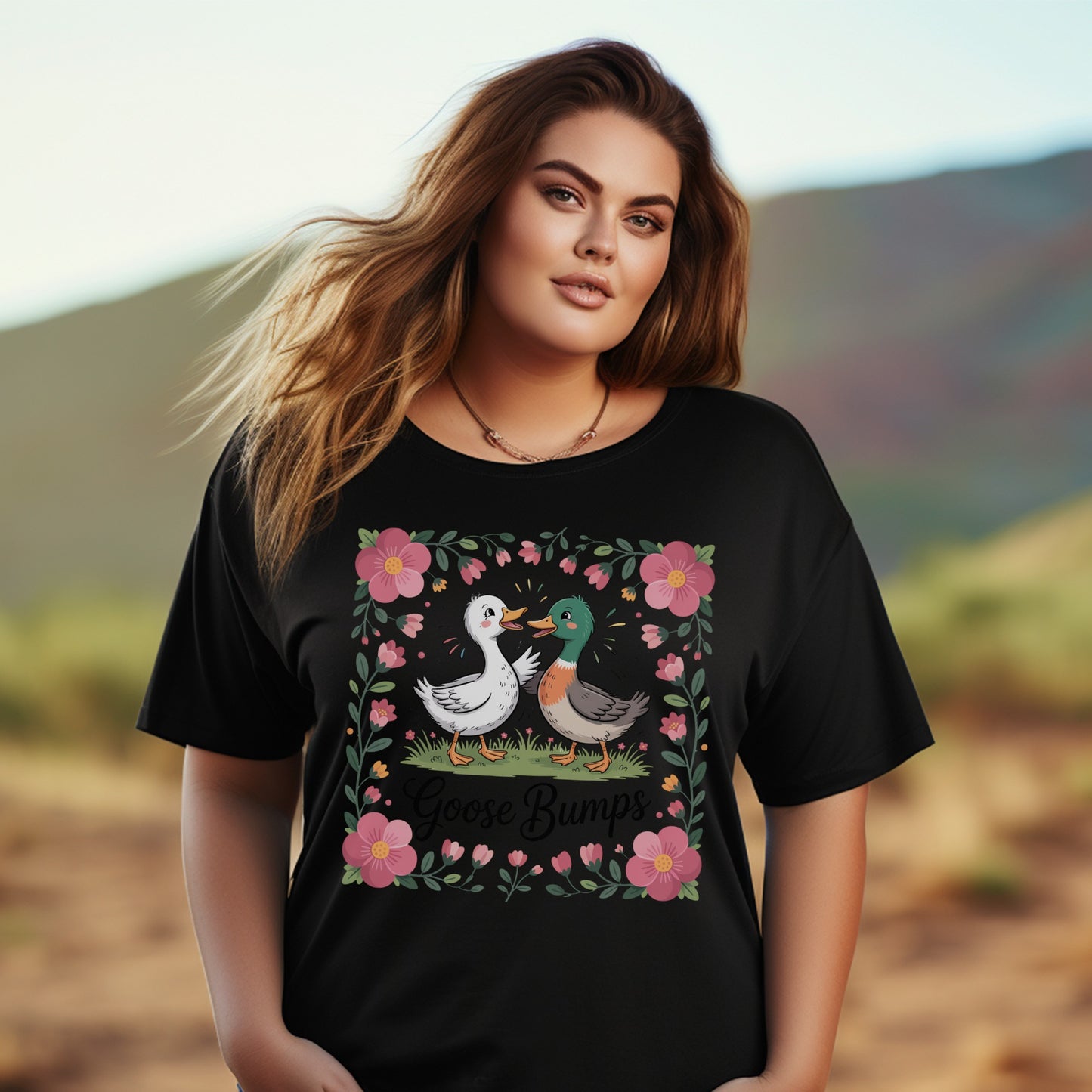 Plus Size Floral Goose Graphic Tee, Cute Duck Print T-Shirt, Casual Women's Fashion Top