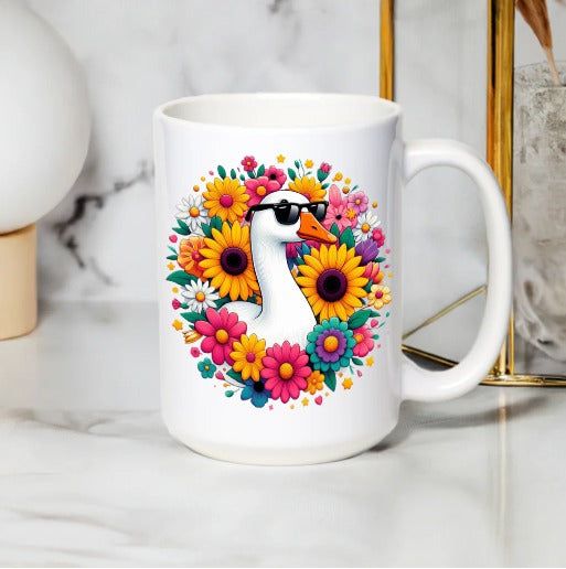 Colorful Floral Goose Mug, Vibrant Flower Garden Design, Unique Coffee Cup, Spring Decor Gift