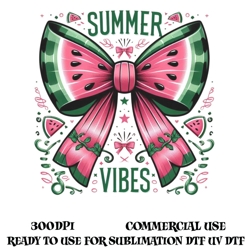 Summer Vibes Watermelon Bow Digital Design, Ready to Use for Sublimation, Commercial Use, High Resolution 300 DPI, DTF UV Print