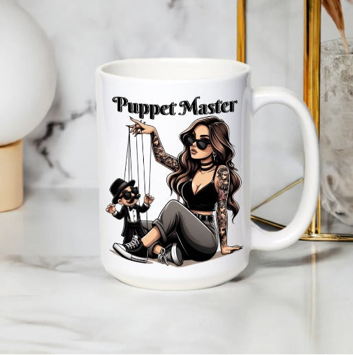 Puppet Master Coffee Mug, Cartoon Tattooed Woman, Novelty Gift, Unique White Ceramic Cup