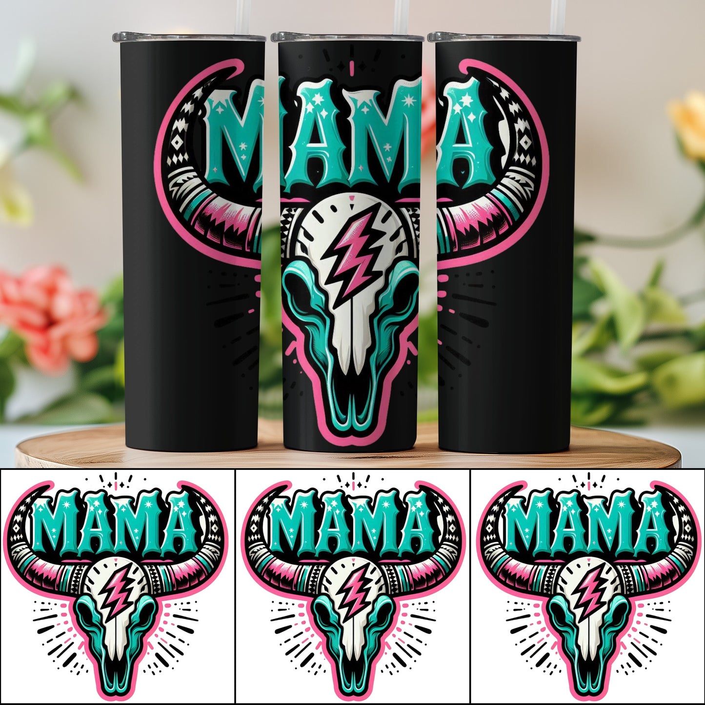Mama Bear Tumbler, Colorful Steer Skull Design, Insulated Travel Mug, Mother's Day Gift, 20 oz