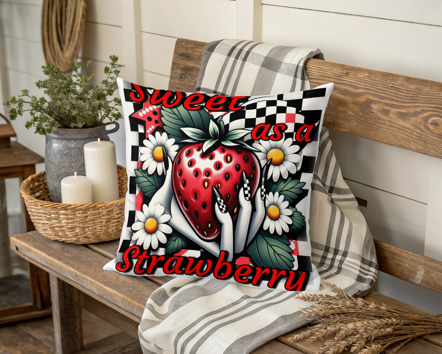 Decorative Strawberry Pillow Cover, Sweet as a Strawberry Quote, Floral and Fruit Design, Checkerboard Background, Home Decor Accent