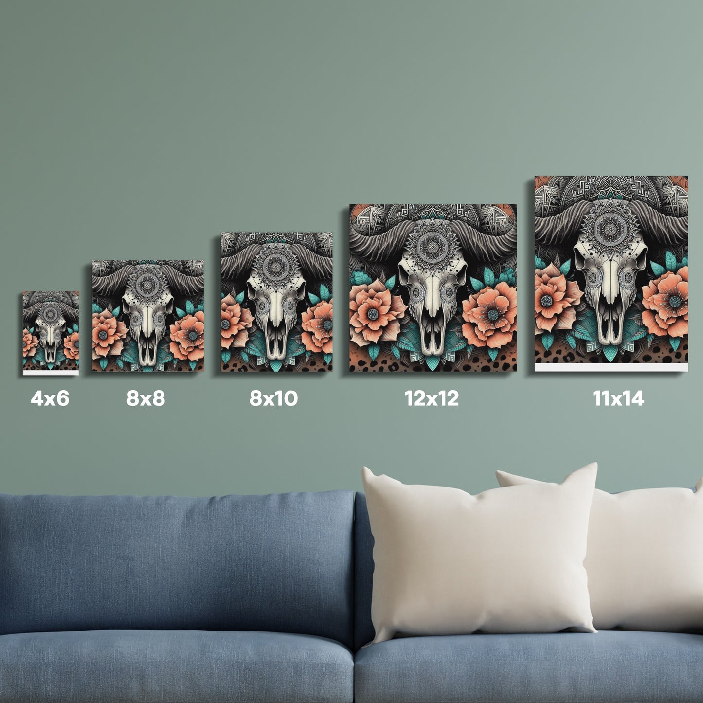 Bohemian Skull Wall Art, Floral Cow Skull Prints, Rustic Home Decor, Set of Five Canvas Sizes