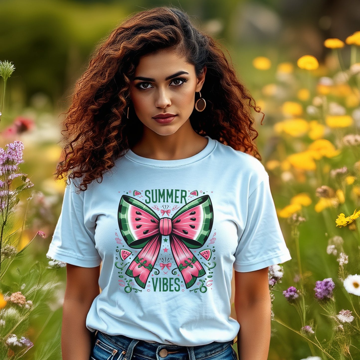 Summer Vibes Graphic Tee, Floral Bow Print, Women's Fashion T-Shirt, Casual Outfit Top