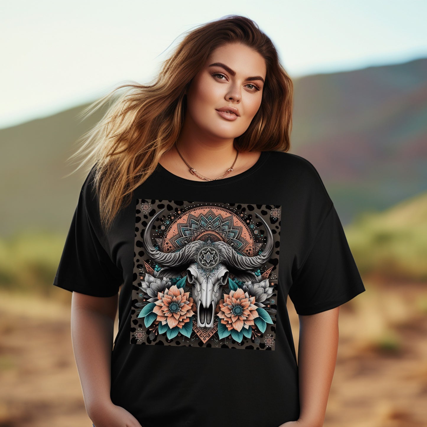 Women's Boho Chic Mandala Bull Skull Graphic Tee, Plus Size Floral Print T-Shirt, Casual Summer Top