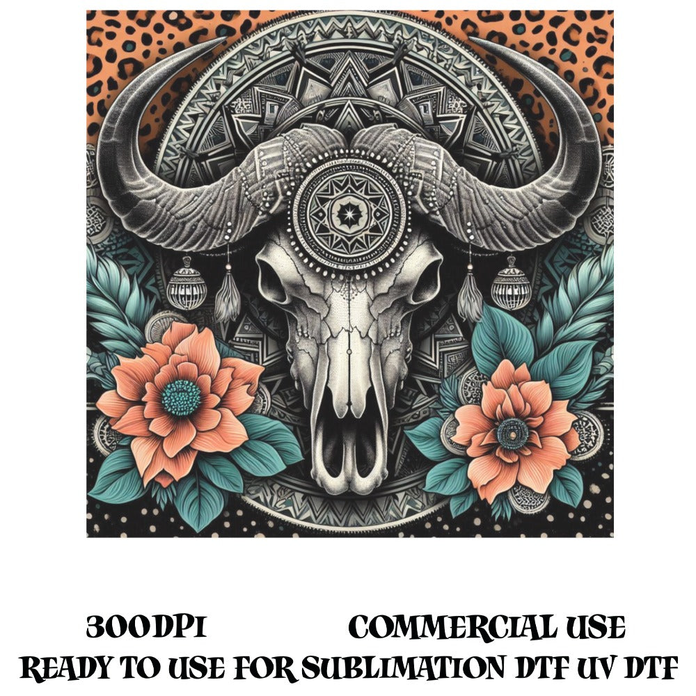 Bohemian Buffalo Skull Wall Art, Floral Mandala Print, Tribal Decor, High-Resolution Digital Download, 300 DPI, UV DTF Sublimation Ready