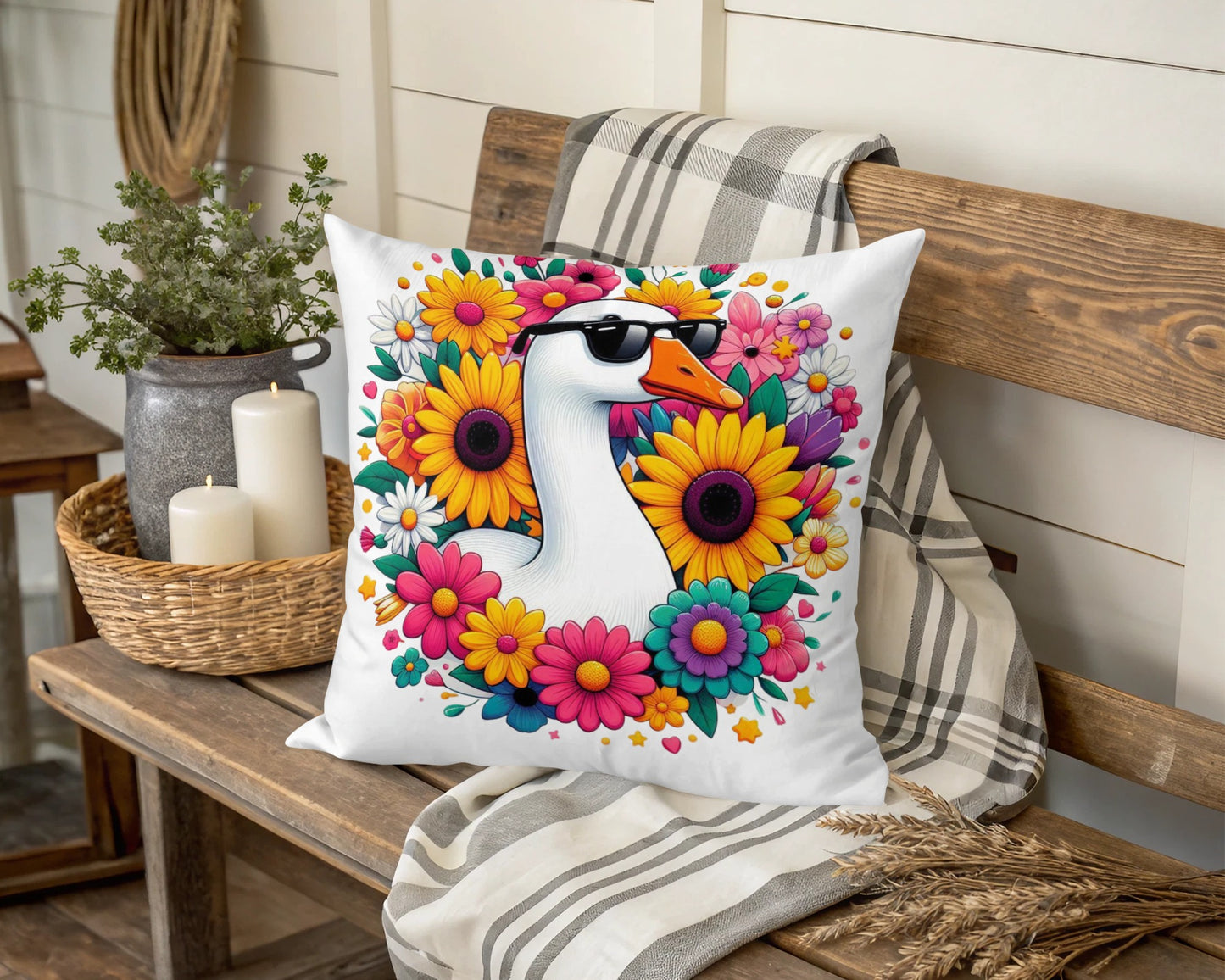 Colorful Floral Goose Pillow Cover, Whimsical Spring Decor, Vibrant Garden Flowers, Quirky Bird Cushion, Unique Home Decoration Idea