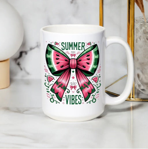 Summer Vibes Watermelon Bow Coffee Mug, Cute Pink and Green Mug Design, Unique Gift Idea