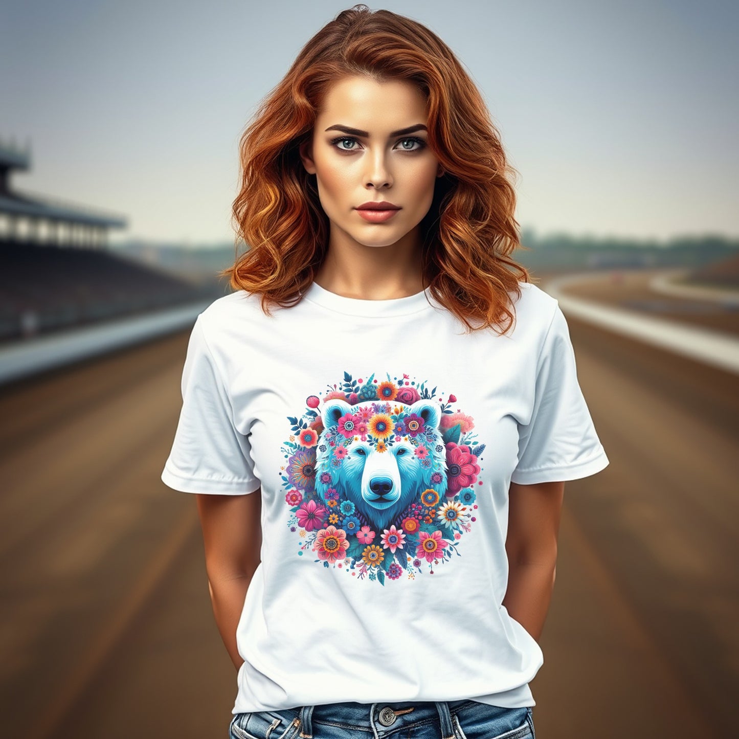 Women's Floral Bear T-Shirt, Colorful Artistic Animal Print, Casual Graphic Tee, Stylish Summer Top, Unique Design Shirt