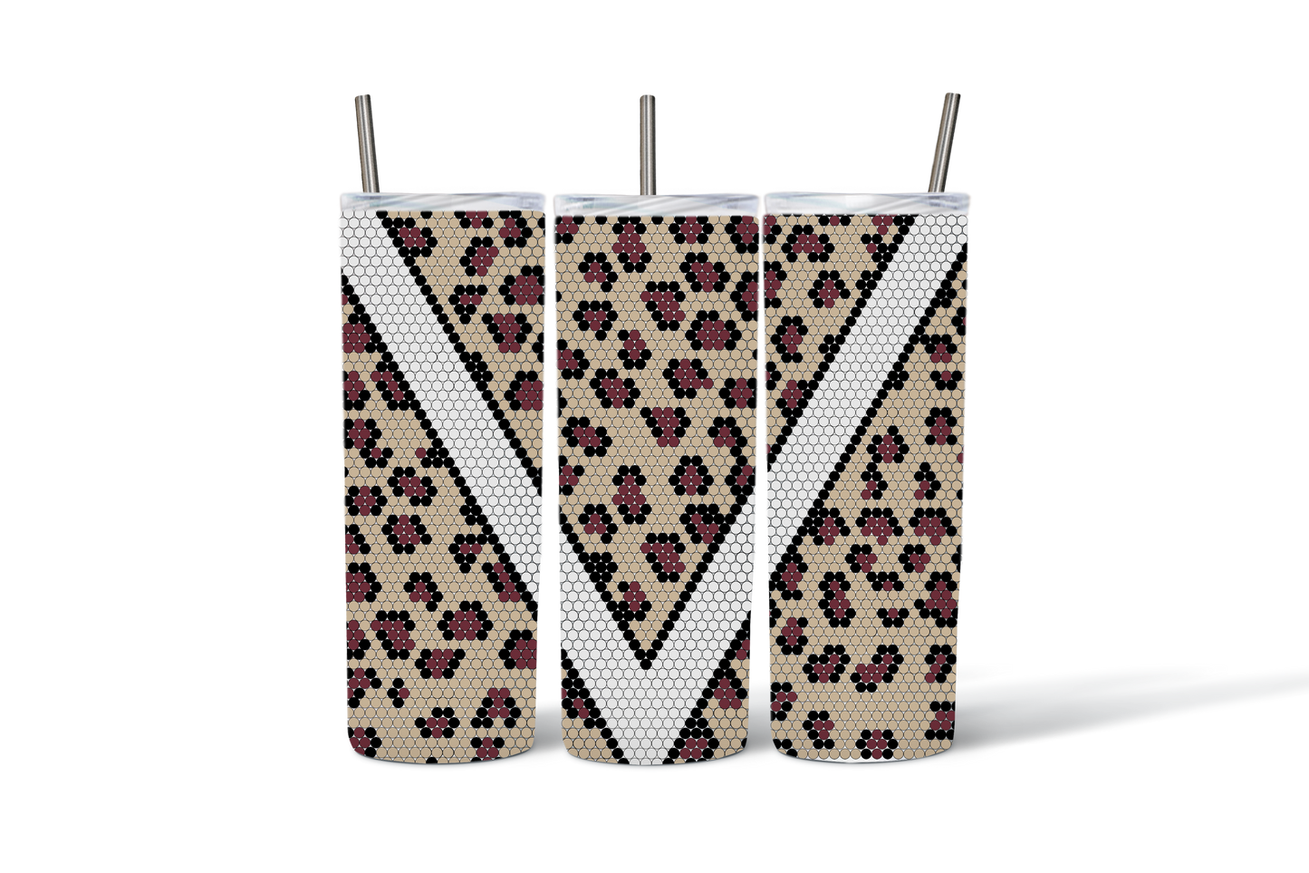 Reusable Floral Tumblers with Straws, Insulated Travel Cups, Black and Red Flower Pattern, Set of 3 Eco-Friendly Drinkware