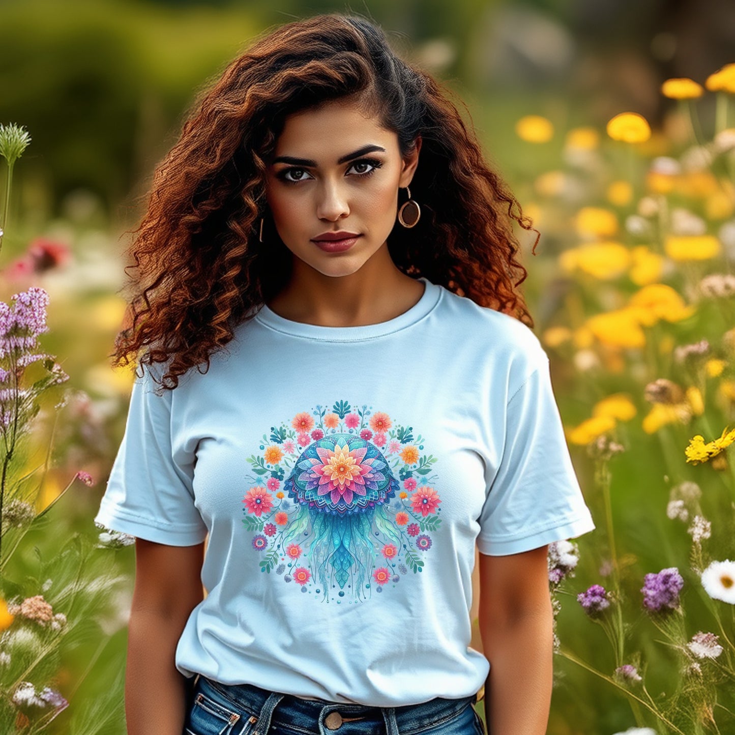 Floral Print T-Shirt, Women's Light Blue Casual Tee, Boho Flower Design, Soft Cotton Top, Fashionable Summer Wear, Colorful Garden Flowers