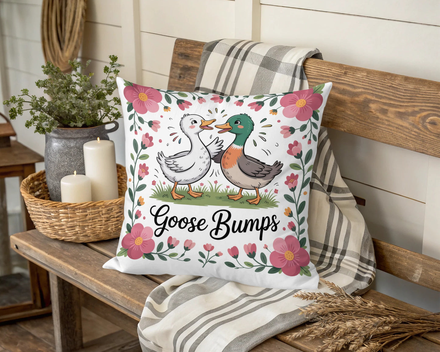 Decorative Throw Pillow with Cute Goose Couple Design, Floral Accents, Farmhouse Decor