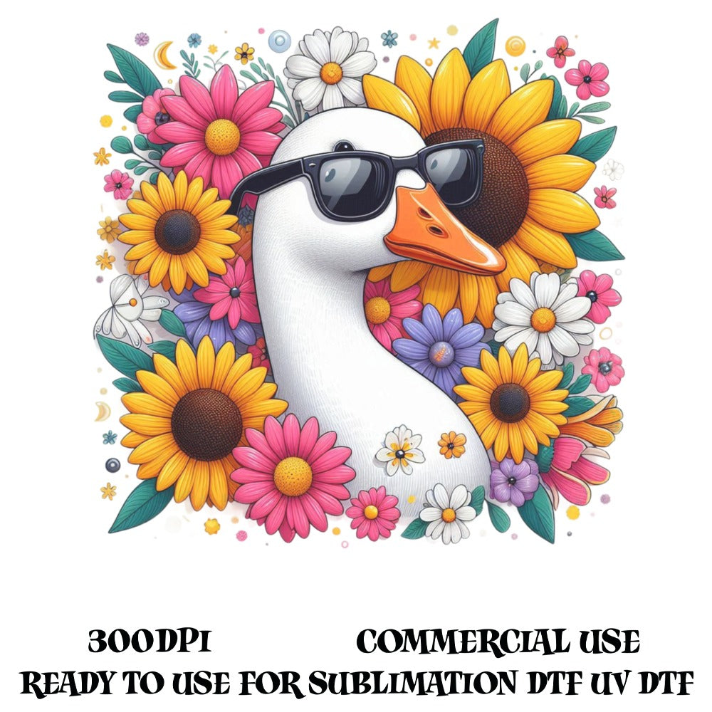 Cool Duck with Sunglasses Floral Background Digital Download, Sublimation Graphics, UV DTF, Commercial Use, 300 DPI