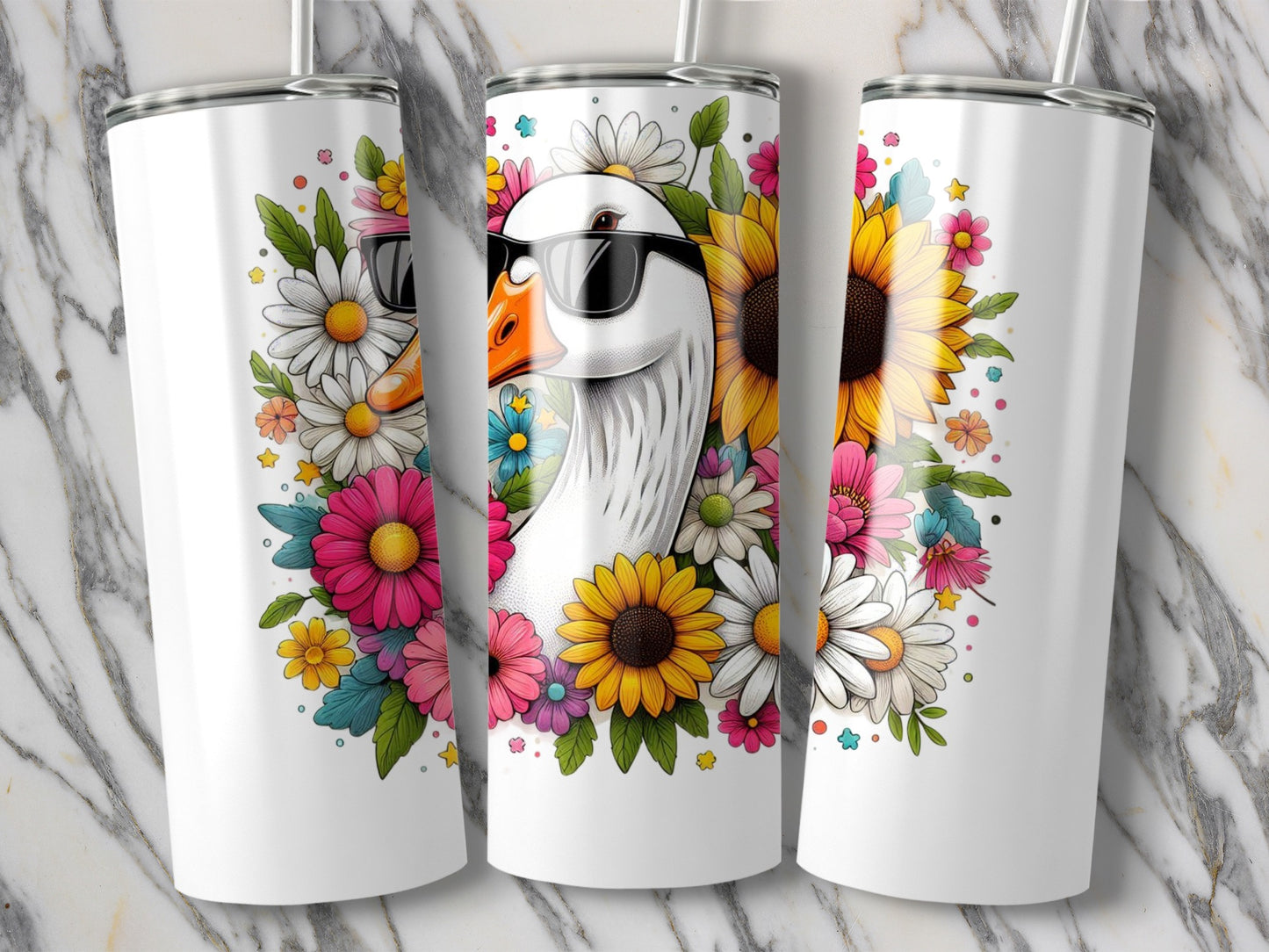 Colorful Floral Chicken Tumbler, Insulated Stainless Steel Drinkware, Sunflower and Daisy Design, 20 oz