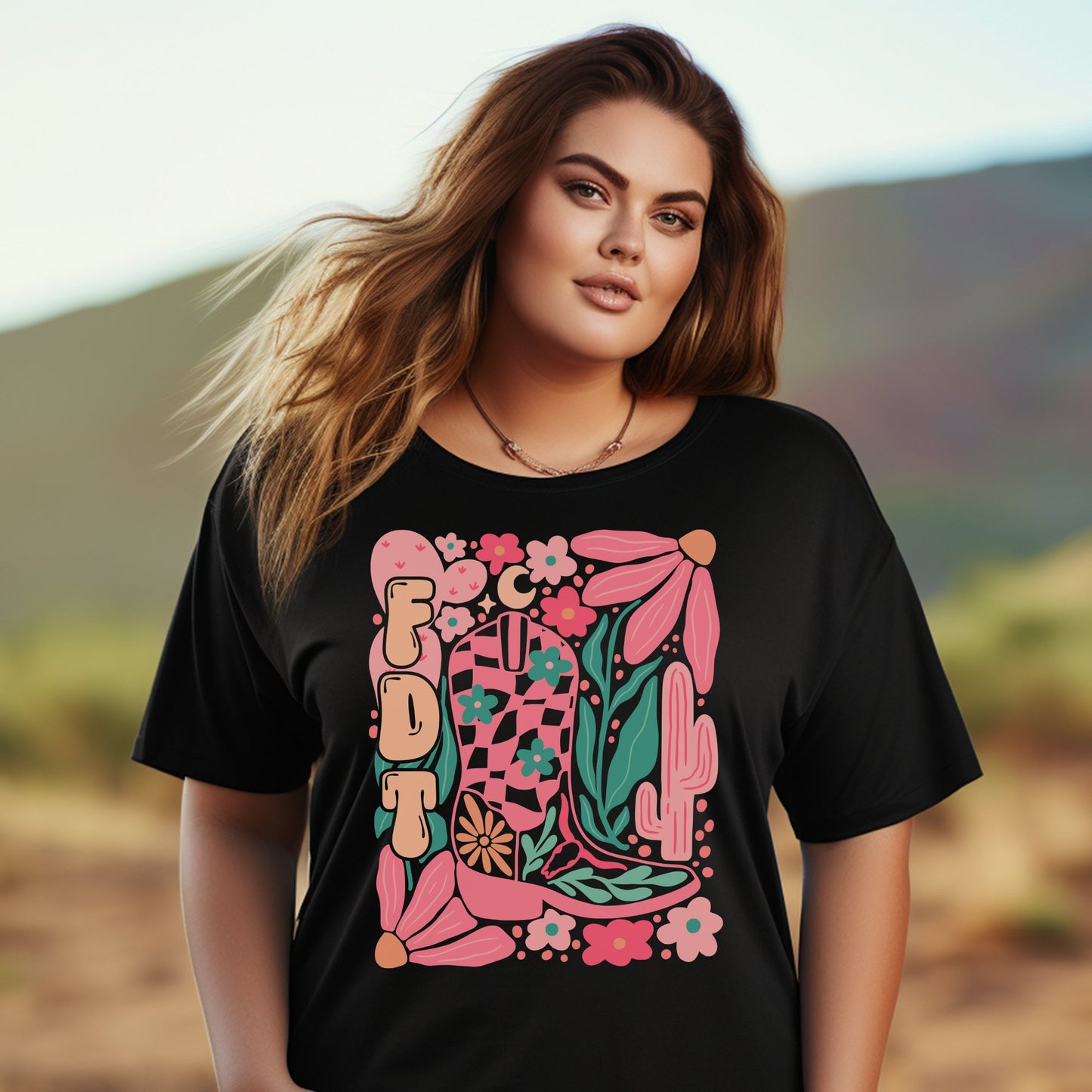 Vibrant Floral Cactus Graphic Plus Size T-Shirt product type
