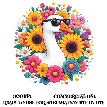 Colorful Duck with Sunglasses and Flowers Graphic, Commercial Use, Sublimation Design, UV DTF Ready, 300dpi Digital Download
