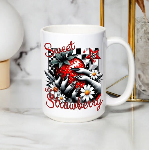 Sweet Strawberry Tattoo Style Art Mug, Vintage Inspired Red Berry White Cup