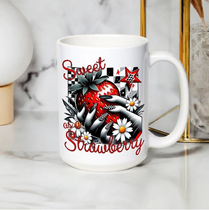 Sweet Strawberry Tattoo Style Art Mug, Vintage Inspired Red Berry White Cup