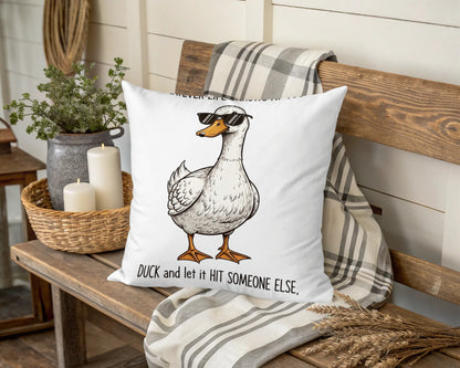 Funny Duck Pillow Cover, Farmhouse Decor, White Cushion with Humorous Quote, Animal Illustration