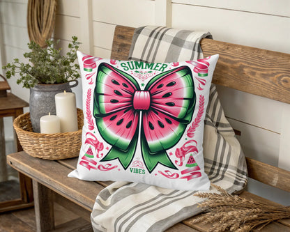 Summer Vibes Decorative Throw Pillow, Pink Green Bow Design, Tropical Home Decor, Beach House Cushion