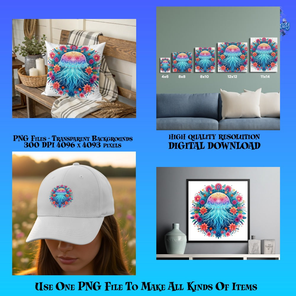 Colorful Floral Design PNG Digital Download for T-Shirts, Posters, Pillows, and Caps High Quality Graphic