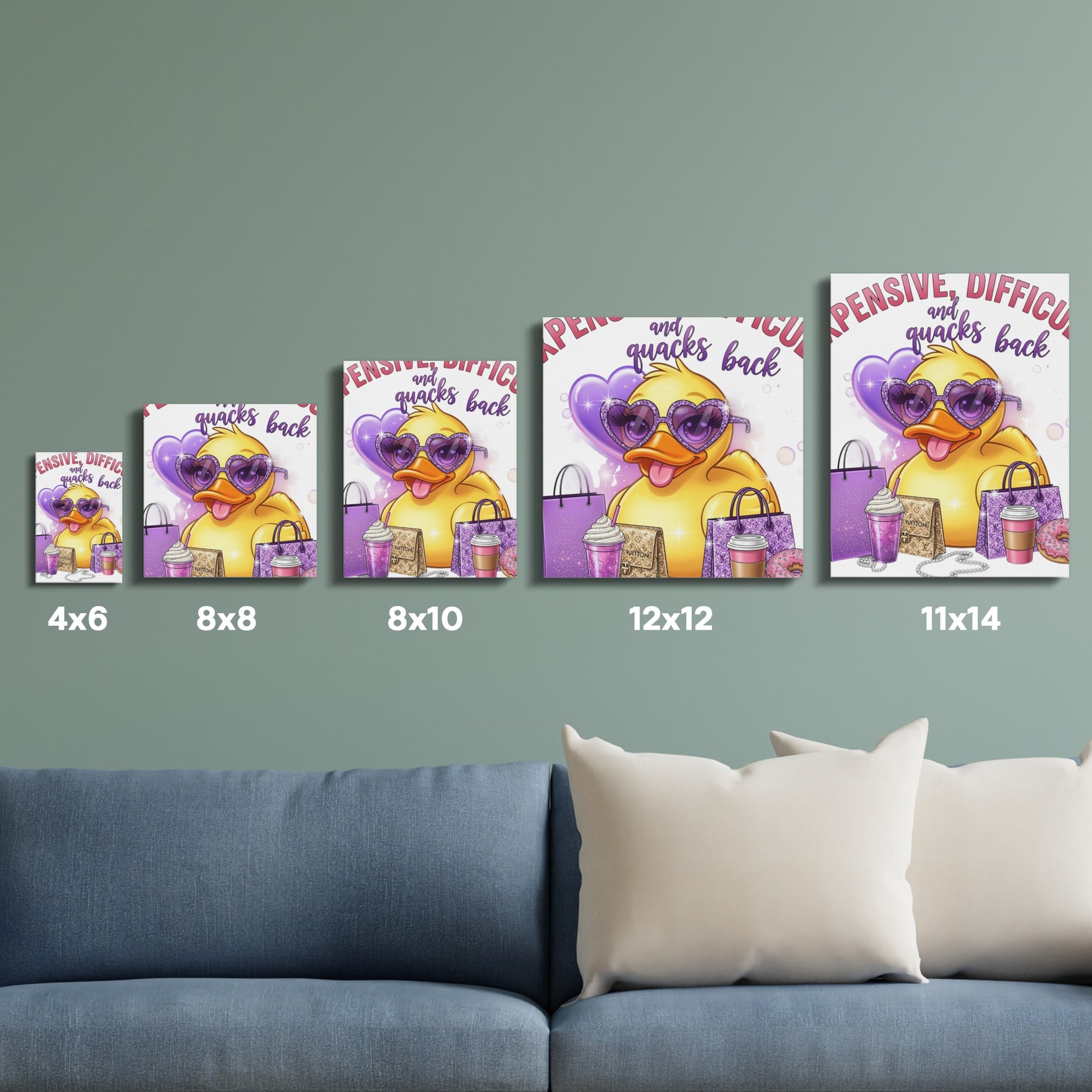 Funny Duck Wall Art Prints, Sassy Duck with Purple Bag, Home Decor, Various Sizes Available