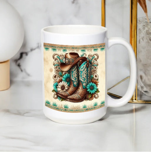 Western Cowboy Boots Mug, Rustic Coffee Cup, Turquoise Floral Design, Gift for Cowboy Enthusiasts, Unique Western Kitchen Decor