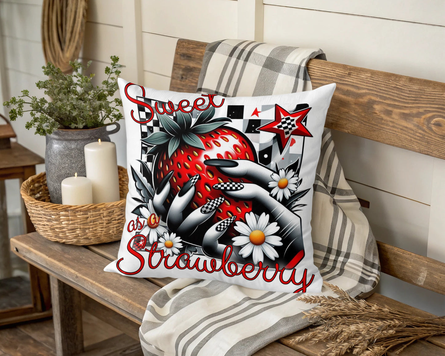 Vintage Style Strawberry Throw Pillow, Sweet as a Strawberry, Floral Cushion Decorative Home Accessory