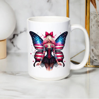 Fairy Angel Mug, Galaxy Wings Fantasy Art, Unique Coffee Cup, Decorative Kitchen Gift, Red Bow Ceramic Mug