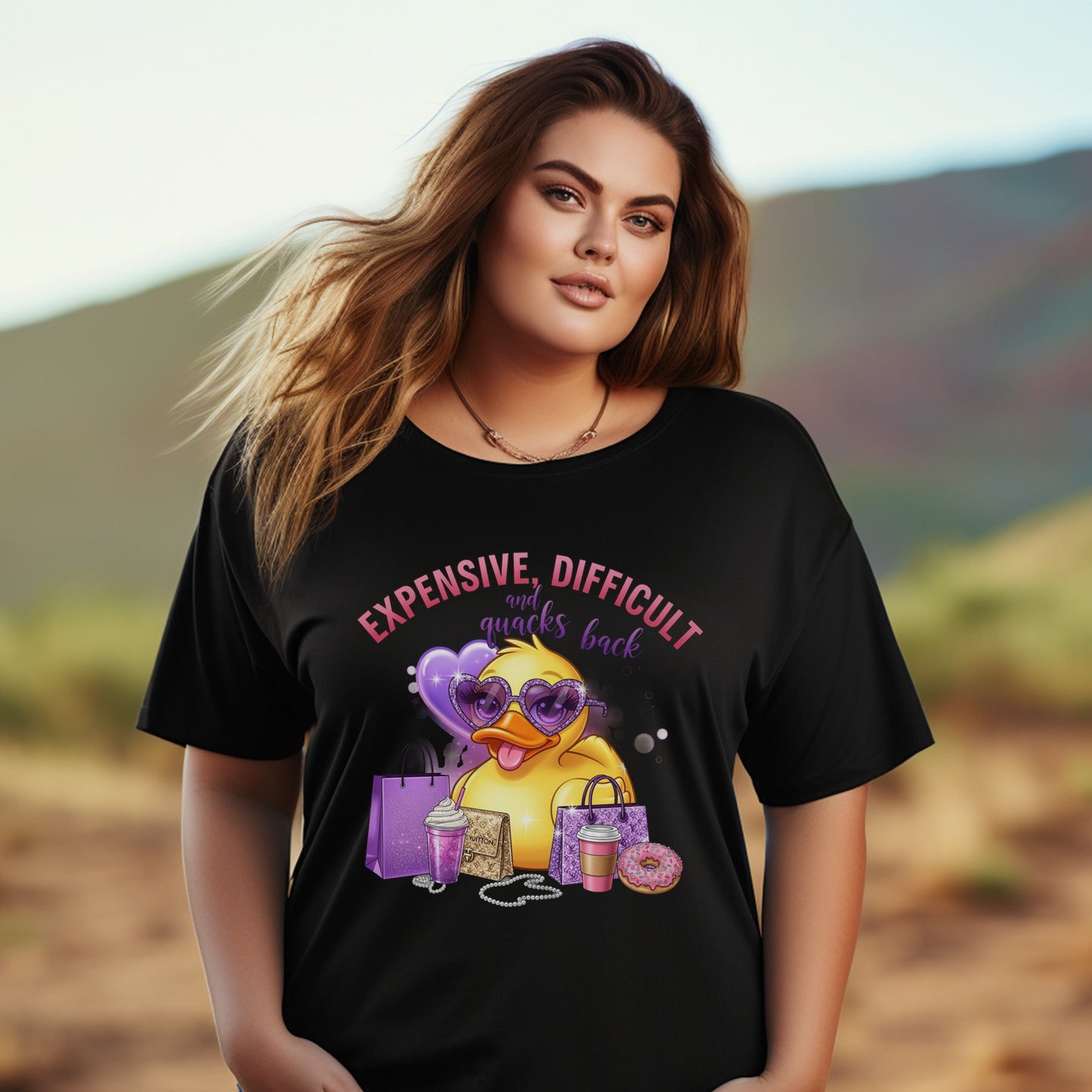 Plus Size Black T-Shirt with Funny Duck Graphic, Quirky Quote, Women's Casual Fashion Top, Gift for Her