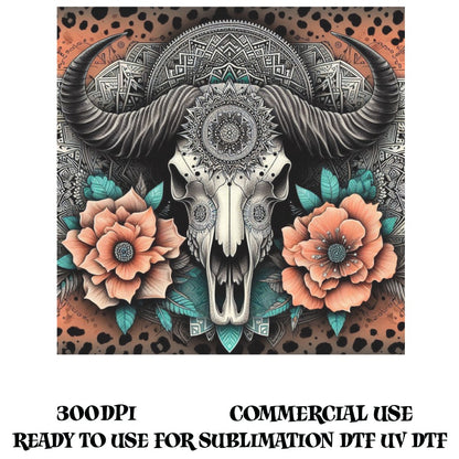 Boho Bull Skull Print, Floral Mandala Art, Sublimation DTF UV Ready, 300DPI High Resolution Commercial Use Digital Download